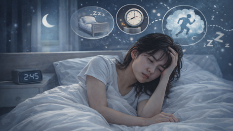 밤에 잠들지 못하고 자주 뒤척이는 수면 장면