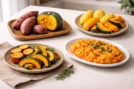 겨울 제철 식재료인 고구마와 단호박을 통째, 손질한 모습, 구이와 으깬 요리로 다양하게 담은 식탁 구성