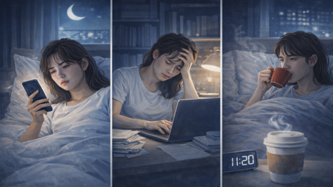 취침 전 침대에서 스마트폰과 노트북 사용, 카페인을 섭취하는 장면