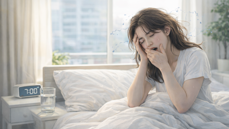 기상 직후 하품하며 피곤함을 느끼는 아침 모습