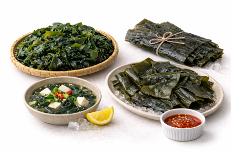 겨울 해조류 식재료인 미역과 다시마를 생재료, 손질한 상태, 국과 초장 곁들임 요리로 구성한 한식 식탁 모습