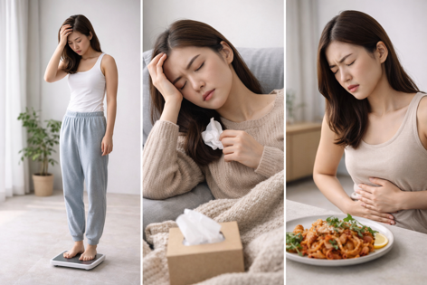 이유 없는 체중 감소, 지속적인 피로, 음식 섭취 후 소화 불편을 겪는 20대 여성의 일상 모습을 단계적으로 표현한 이미지