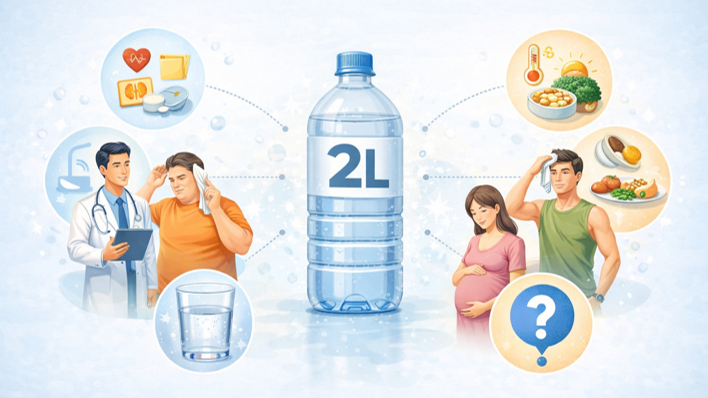 물 2L 기준이 개인의 체중, 활동량, 건강 상태에 따라 달라질 수 있음을 보여주는 일러스트