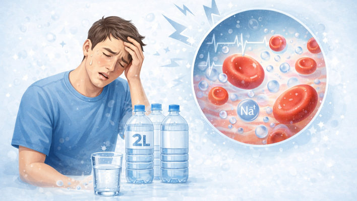 과도한 물 섭취로 저나트륨혈증 증상이 나타나는 상황을 설명한 일러스트