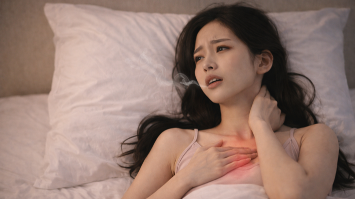 가슴 두근거림과 긴장으로 잠들지 못하는 20대 한국인 여성의 모습