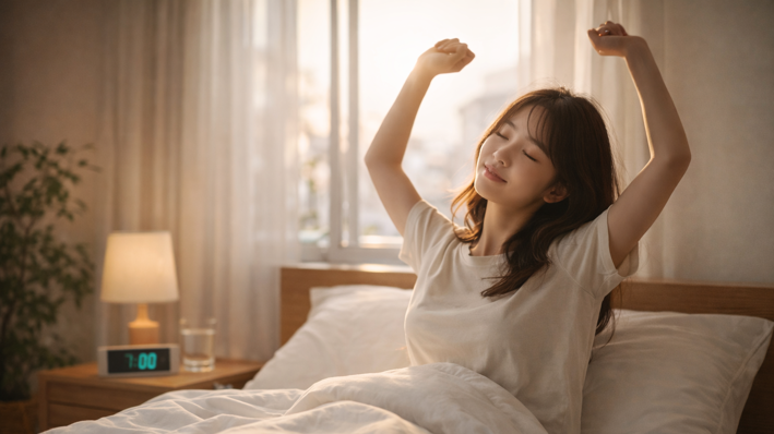 기상 직후 침실에서 기지개를 켜며 자연 각성 단계에 들어가는 여성의 모습