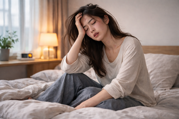 자고 일어나도 피곤한 20대 여성의 아침 모습, 만성 염증 초기 증상 예시