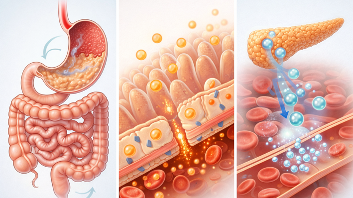 음식이 위에서 장으로 이동하고, 포도당이 장에서 혈액으로 흡수되며 인슐린이 분비되는 과정을 단계적으로 보여주는 의료 일러스트