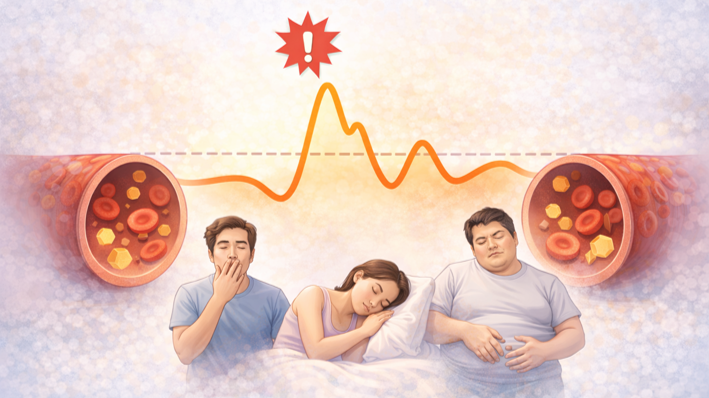 식사 후 혈당이 급격히 상승하는 혈당 스파이크와 그로 인해 졸림과 피로, 체중 증가를 느끼는 상황을 설명한 이미지