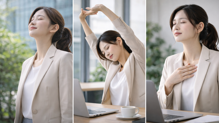 점심 후 외부 빛 노출과 가벼운 스트레칭, 깊은 복식호흡으로 회복 전환을 시도하는 직장인 여성