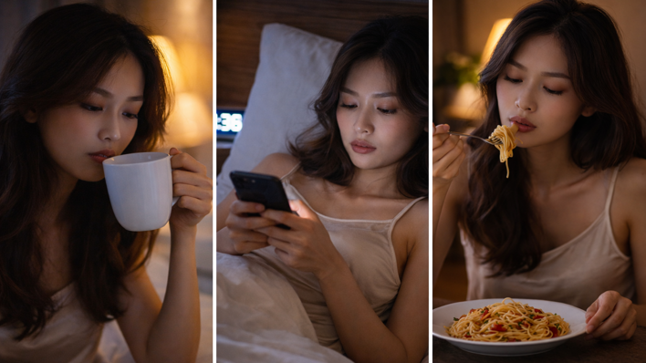 늦은 시간 카페인 섭취와 스마트폰 사용, 야식이 반복되는 수면 방해 습관 모습