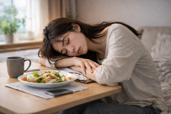 식사 후 졸음을 참지 못하고 테이블에 기대 있는 여성, 만성 염증 관련 피로 증상