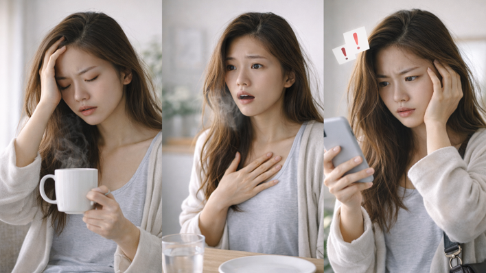 공복에 커피를 마신 후 두근거림과 불편함을 느끼는 20대 여성의 반응