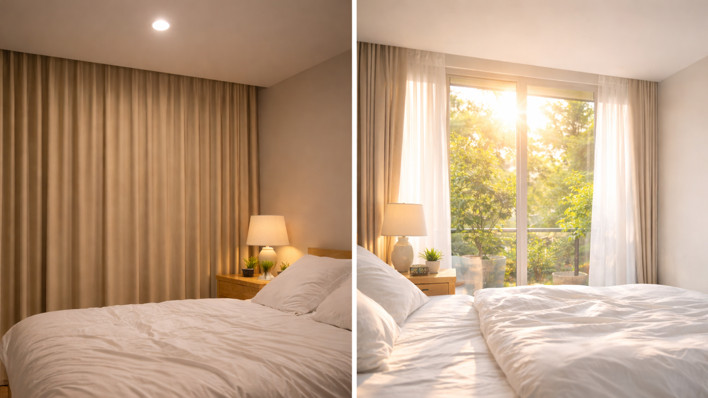 커튼이 닫힌 실내 조명 환경과 자연광이 들어오는 침실을 비교한 이미지