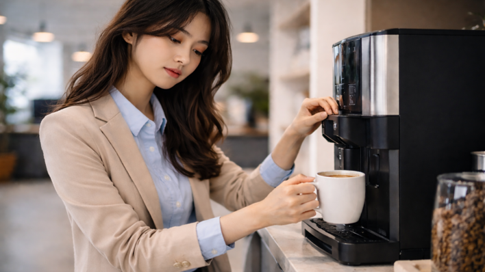 출근 후 사무실에서 커피머신으로 커피를 추출하는 20대 여성 직장인