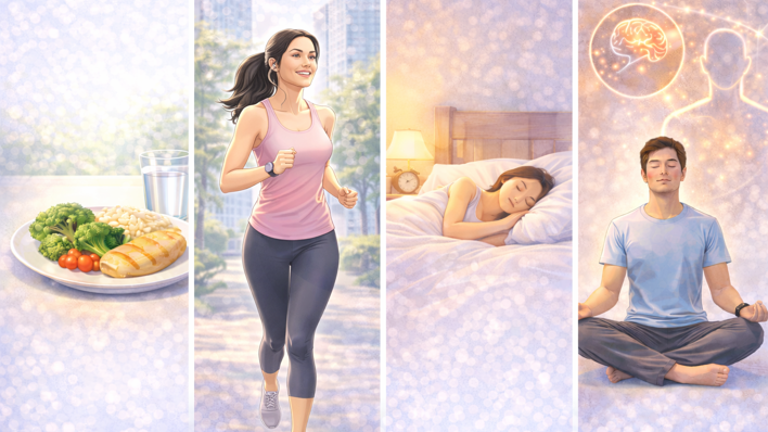 식사 관리, 식후 운동, 충분한 수면, 스트레스 완화 등 혈당 관리에 도움이 되는 주요 생활습관을 나타낸 이미지