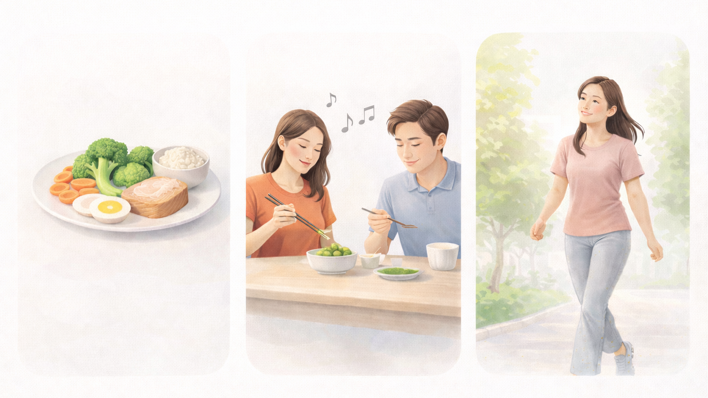 균형 잡힌 식사, 여유로운 식사 시간, 식후 가벼운 산책 등 혈당 관리를 돕는 생활습관을 보여주는 일러스트