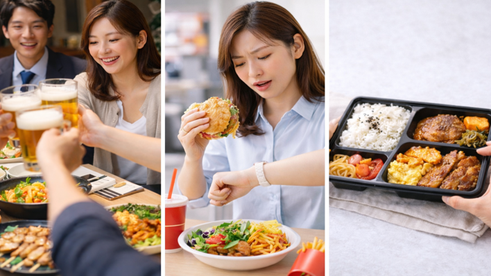 외식이나 회식 자리, 시간이 부족해 패스트푸드를 먹는 상황, 편의점 도시락으로 식사하는 장면을 나란히 보여주는 이미지