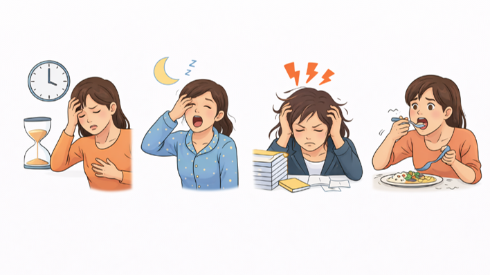 식사 후 혈당 변화 과정과 뇌 에너지 반응을 단계적으로 표현한 일러스트