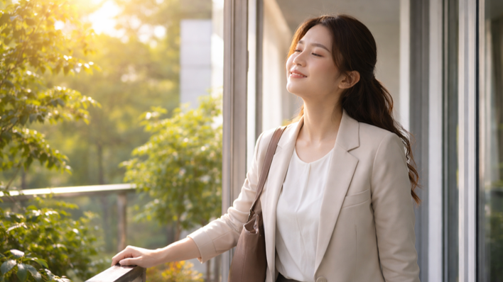 출근 전 외부 자연광과 공기를 접촉하며 아침 햇빛을 받는 직장인 여성