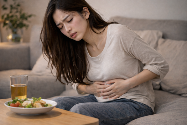복부를 잡고 불편해하는 여성, 장 예민과 만성 염증 증상 표현