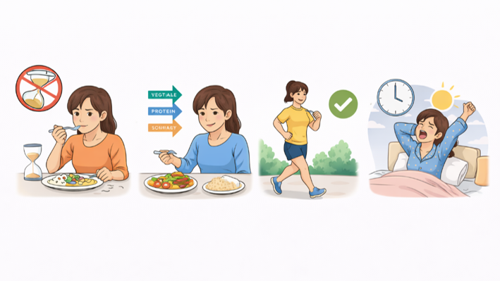 공복·수면 부족·스트레스·빠른 식사 습관을 나타낸 생활 패턴 일러스트