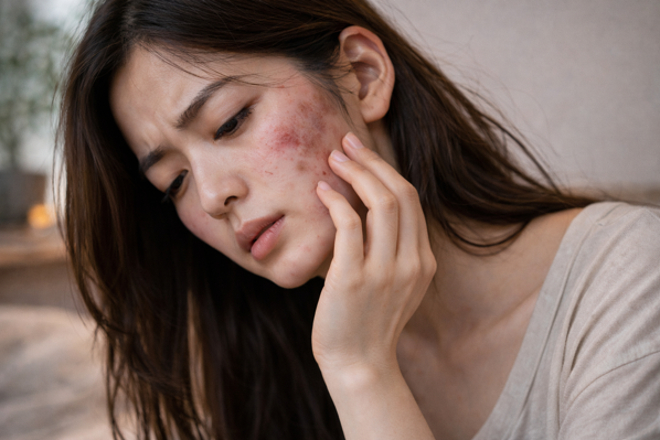 얼굴 피부 트러블을 만지는 여성, 만성 염증으로 인한 피부 변화 예시