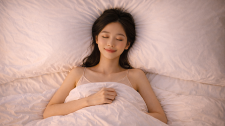 스트레스 없이 신체가 완전히 이완된 상태로 깊은 숙면에 든 여성의 수면 장면
