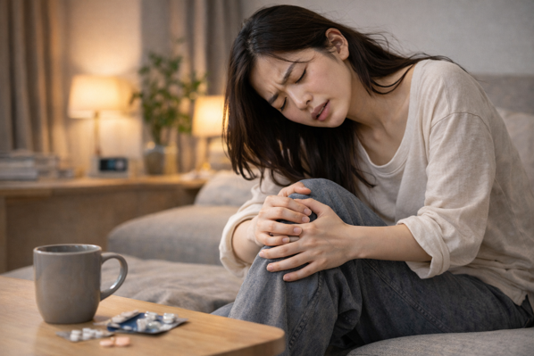 무릎을 잡고 통증을 느끼는 여성, 만성 염증과 관절 불편 증상