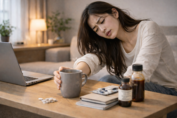 커피를 찾는 피로한 여성, 만성 염증으로 인한 에너지 저하 모습
