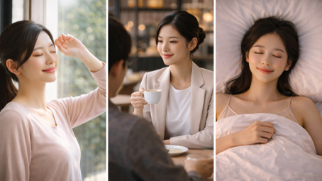 아침 빛 노출, 점심 후 카페인 섭취, 밤 숙면으로 구성된 하루 회복 리듬 이미지