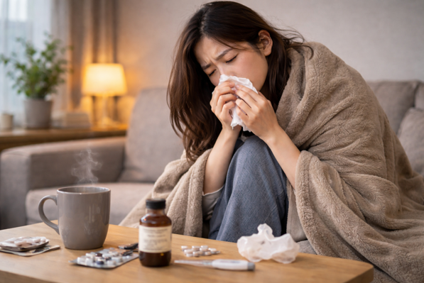 감기 증상으로 담요를 두른 여성, 만성 염증과 면역 저하 상황